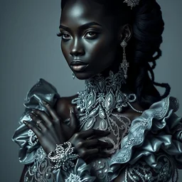 portrait of beautiful female super black model, perfect symmetrical pose, sharp, by irakli nadar with intricate detailed wearing silver victorian dress designed by alexander mcqueen and rocky gathercole, beautiful smooth skin tone, haunting, elite, elegant, ruan jia, dark, hyper detailed, concept art, intricate, detailed