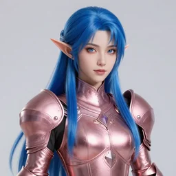 a beautiful and highly detailed digital portrait of a dignified elf with long blue hair in rose gold armor by nina tryggvadottir, centered, artsation contest winner, cgsociety, fantasy art, cryengine, concept art, photorealism, daz 3 d, sketchfab, zbrush, vray