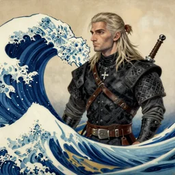 Geralt of Rivia painted with Hokusai style, very detailed