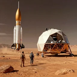 First humans arriving on Mars next to a lander rocket and a geodesic dome structure, digital art