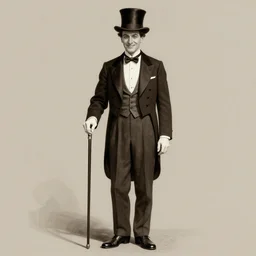 ultra realistic photorealistic sepia portrait of a 1 9 2 0 s era smiling, magician, a tall, thin man, well dressed, slicked - back black hair, long - tailed tuxedo coat, black bow tie, walking stick and top hat, trending on artstation, illustration, digital painting, highly detailed render