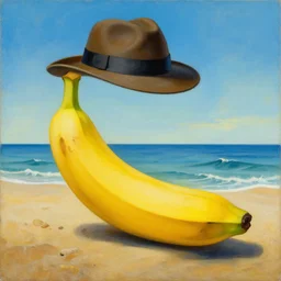a painting of a banana with a fedora on the beach in the style of salvador dali