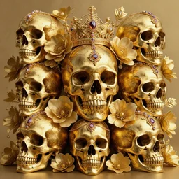 many gold skulls with flowers and jewerly, ornate, elegant, intricate, royal, highly detailed, 4 k, hd, digital art