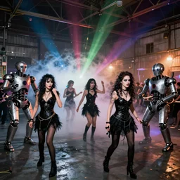 flash photography of goth punks and robots at a secret underground rave dance party in a warehouse by annie leibovitz, flash photography stops motion!, fog machines!!!, colorful, light effects!!,
