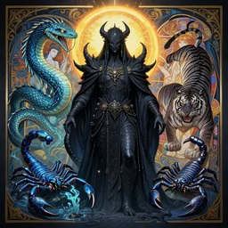 tribal cryptic shadow king, ancient high knowledge, black rattlesnake, water dragon, blue scorpion, black tiger, super nova halo, intricate artwork by, artgerm, greg rutkowski, mucha, kilian eng, symmetrical, digital illustration, hyper detailed, sharp, smooth, vibrant colors, smooth gradients, high contrast, depth of field, aperture f 1. 2