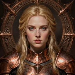 head-on centered symmetrical painted portrait, Elisha Cuthbert as a paladin, blonde hair, copper armour, dramatic lighting, intricate, fantasy, intricate, elegant, highly detailed, digital painting, smooth, sharp focus, illustration, dramatic lighting, artstation, in the style of Artgerm and Anna Podedworna