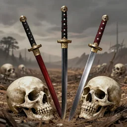 a beautiful masterpiece of three samurai swords stuck in the ground on a battlefield with a giant skull laying deep in the ground, no humans, anime, joao ruas, by joao ruas, realistic shaded lighting, rich detail, fine detail, dramatic, atmospheric, trending on artstation, artgerm, rob rey