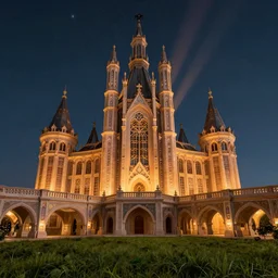 an imposing and highly ornamented fantasy castle with arches and bridges at night with a sky full of stars, cinematic view, epic sky, detailed, concept art, low angle, high detail, warm lighting, volumetric, godrays, vivid, beautiful, trending on artstation, by jordan grimmer, huge scene, grass, art greg rutkowski and alphonse mucha