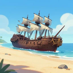 a beach with the wreckage of a pirate ship, at midday, from a fantasy point and click 2 d graphic adventure game, art inspired by thomas kinkade, king's quest, sierra entertainment games, colorful landscape painting