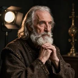 portrait of an old, medieval alchemist in the dark. close up, thinker pose, studio lighting bright ambient lighting key light, fantasy, detailed, photorealistic portrait by michael komarck, greg rutkowski, victo ngai, artgerm and j. dickenson