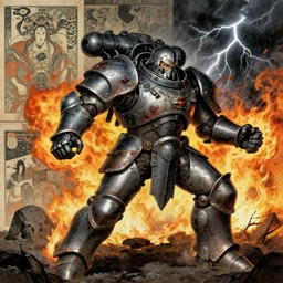 composition gothic and futuristic, action with run and fight, warhammer, cyber japan armor, more scars, fire storm, thunderstorm, the middle ages, highly detailed, artstation, moebius, jugendstil and classic japanese print, art rene magritte and robert mccall