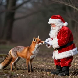 a photograph of a fox animal meeting santa claus