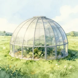 a watercolor painting of a spherical greenhouse in a grass field, an illustration by Buckminster Fuller, behance, ecological art, concept art, matte drawing, photoillustration