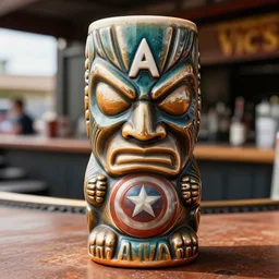 a closeup photorealistic photograph of a captain america style tiki mug sitting at an outdoor trader vic's bar featuring captain america's face. tiki theme. bright scene. fine detail. this 4 k hd image is trending on artstation, featured on behance, well - rendered, extra crisp, features intricate detail, epic composition and the style of unreal engine.