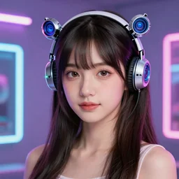 portrait of a cute young woman with robot ears and eyes, 4k, sharp focus, neon colored fluorescent lighting, Andreas Rocha, perfect faces, fine details