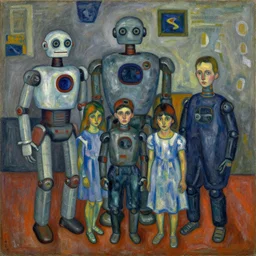 a painting of a robot family by graham sutherland, egon schiele, expressionism