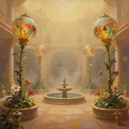 a minimalist oil painting by donato giancola, warm coloured, cinematic scifi luxurious futuristic foggy steam filled victorian garden circular courtyard with bulbous stained glass flowers growing out of pretty ceramic fountains, gigantic pillars and flowers, beeple, star trek, star wars, ilm, star citizen, mass effect, artstation, atmospheric perspective