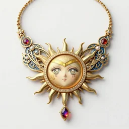 a beautiful detailed necklace with a sun, sailor moon aesthetic, fantasy, intricate, elegant, highly detailed, digital painting, artstation, concept art, matte, sharp focus, illustration, art by Artgerm and Greg Rutkowski and Alphonse Mucha