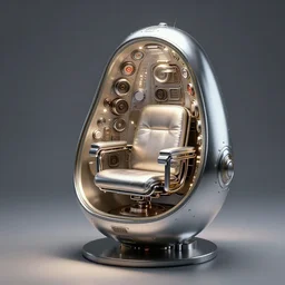 futuristic sci - fi professional lighting. hobby diy engineering photo. tensegrity captain's chair integrated into a giant button laden cylindrical station inspired by the shape of a hooded chrome egg avocado bean armature.