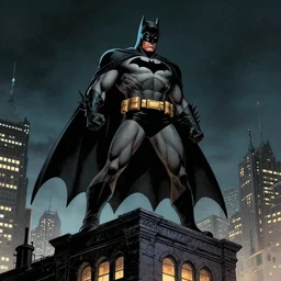 deep focus, a portrait of angry aggression batman with a long cape standing on top of a building in gotham city at night, low dramatic angle, confident hero pose, frank miller, jim lee, detailed illustration, neal adams, sin city, intricate, comic book cover, film still,