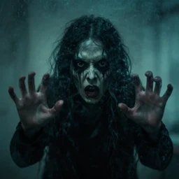 eerie monster stares behind glass, photograph, uncanny, scary
