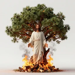 a tree on fire with jesus standing infront of it, highly detailed,