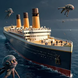 photo of the titanic as a space ship, filled with extra - terrestrials, dslr photo, exif