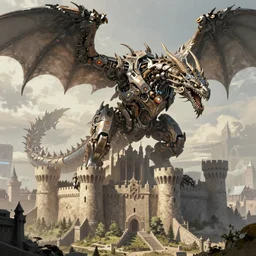 intricate fantasy comic book drawing of a ( giant mechanical dragon ) over a ( stronghold castle ) by dariusz zawadski and simon stalenhag, simon bisley!, jack kirby!!! and gris grimly, cinematic, epic, awesome color palette, hard contrast, ink outlines