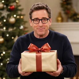 steve carell just get super hiper extra christmas gift and hold it in his hands. he dont wear glasses