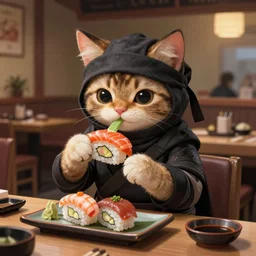a portrait of an anthropomorphic ninja cat eating sushi,, standing in a restaurant, cute and adorable, dnd character art portrait, well rendered matte fantasy painting, deviantart artstation, by jason felix by steve argyle by tyler jacobson by peter mohrbacher, cinematic lighting