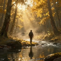 Highly detailed 4K fantasy matte painting of an adventurer walking along the river bank in a forest during the golden hour in autumn, volumetric sun rays and dust, water reflection, in the style of Andreas Rocha and Greg Rutkowski