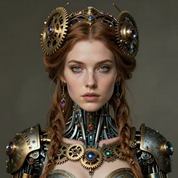 Head and shoulders materpiece portrait of Lana Rhoades as a steampunk beautiful goddess, she half human and half robot, she is embellished with few gears wheels and gemstones, by William Holman Hunt, Greg Rutkowski, Stanely Artgerm, Tooth Wu, Peter Gric, Aaron Horkey, trending on Artstation, digital art, mythological, symmetrical artwork, cinematic lighting, hyper realism, high detail, octane render, ultra realistic, golden ratio, 4k, 8k