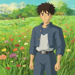 flower field, attractive male, in the style of studio ghibli, j. c. leyendecker, greg rutkowski, artem