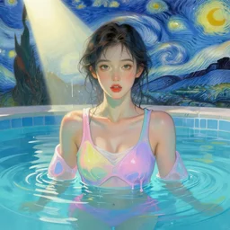 portrait of a beautiful girl inside a swimming pool, futuristic clothes, pastel colors, beautiful face, rule of thirds, spotlight, drips of paint, expressive, passionate, by mandy jurgens, by vincent van gogh, digital painting