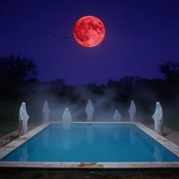swarm of birds, deep red moon, ghosts, vintage swimming pools, lush fog, night sky, violet stars, deep blue mood, contemporary archival color photograph print from the original negative, by stanley kubrick