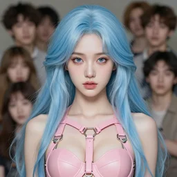 pop surrealism, rococo, light blue hair young female seductive, pink body harness - fine - face, pretty face, key visual, realistic shaded perfect face, fine details by stanley artgerm lau, wlop, mark ryden, andrei riabovitchev, marc simonetti, and sakimichan, trending on artstation