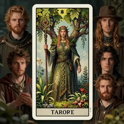 tarot card of a celtic naturepunk master of plants and trees, beautiful detailed realistic cinematic character concept portrait by anton fadeev and paul lehr and david heskin and josan gonzalez, 8 k