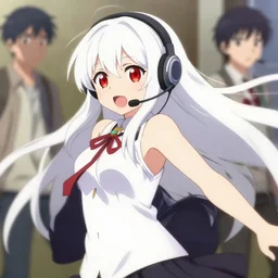 anime film still of a long white haired red eyed cute girl wearing a headset, dynamic pose, pixiv, yoshinari yoh, makoto shinkai, takashi takeuchi, kyoani, 4 k