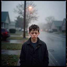 kodak portra 4 0 0, photographic of a sad boys in the style of gregory crewdson, high detail, suburb, night, fog, rain