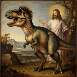 T-rex with jesus’ haircut, renaissance painting, 4K
