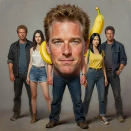 portrait of bob saget with a banana in his ears, fullbody, ultra high detailed, oil painting, greg rutkowski, charlie bowater, yuumei, yanjun cheng, unreal 5, daz, hyperrealistic, octane render, rpg portrait, dynamic lighting, fantasy art, beautiful face