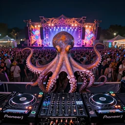 award winning closeup portrait of an octopus! as a dj with tentacles! simultaneously placed turntables cdjs and knobs of a pioneer dj mixer. in front of a large crowd, studio, medium format, concept art, 8 k detail, volumetric lighting, wide angle, at an outdoor psytrance festival main stage at night