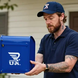 a closeup photorealistic illustration of post malone delivering mail as a us mail carrier and blue bag. fine detail. this 4 k hd image is trending on artstation, featured on behance, well - rendered, extra crisp, features intricate detail, epic composition and the style of unreal engine.