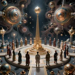 the grand council standing on a space station, fantasy landscape made of fractals facing each other, ultra realistic, wide angle, intricate details, the fifth element artifacts, highly detailed by peter mohrbacher, hajime sorayama, wayne barlowe, boris vallejo, aaron horkey, gaston bussiere, craig mullins