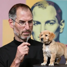 Steve Jobs playing with a light brown puppy, pop art, highly detailed