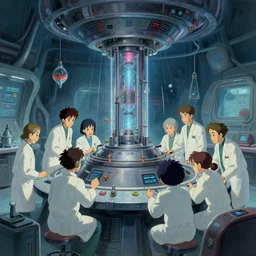 oil sci fi painting of a group of scientist working on a time machine, with lab coats, in a futuristic cyber laboratory, octane rendering, trending on artstation, by, studio ghibli, michael whealan and james gurney