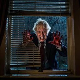 a zoomed out photo taken from the inside of an old house, showing window blinds being pulled back to reveal a terrifying boris johnson his unhinged face pressed against the window and his bloody hands placed on the window, horrifying grin. horror, raining, night time
