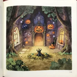 interior, the hall in the castle decorated for halloween, in a small clearing among trees, drawn by hayao miyazaki, watercolor illustration for a book