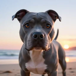 a closeup photorealistic animated still of blue pitbull at the beach during sunset. bright scene. fine detail. this 4 k hd image is trending on artstation, featured on behance, well - rendered, extra crisp, features intricate detail, epic composition and the style of unreal engine.