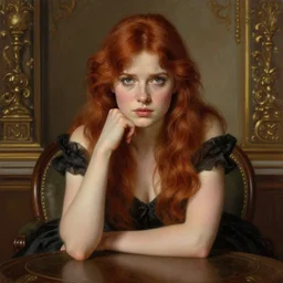 portrait of a beautiful auburn - haired woman sitting upon a table with heightened detail, poised, intense emotion, detailed facial expression, detailed surroundings, intricate, elegant, highly detailed, centered, digital painting, artstation, concept art, smooth, sharp focus, illustration, by ( john william waterhouse ), wlop